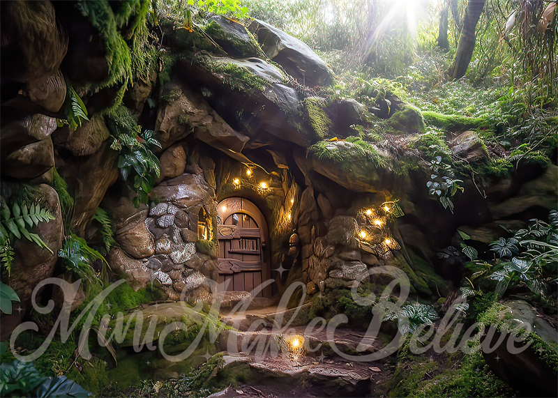 Kate Painterly Hobbit Gnome Elf Fairy Home on Rocks in Forest Backdrop Designed by Mini MakeBelieve