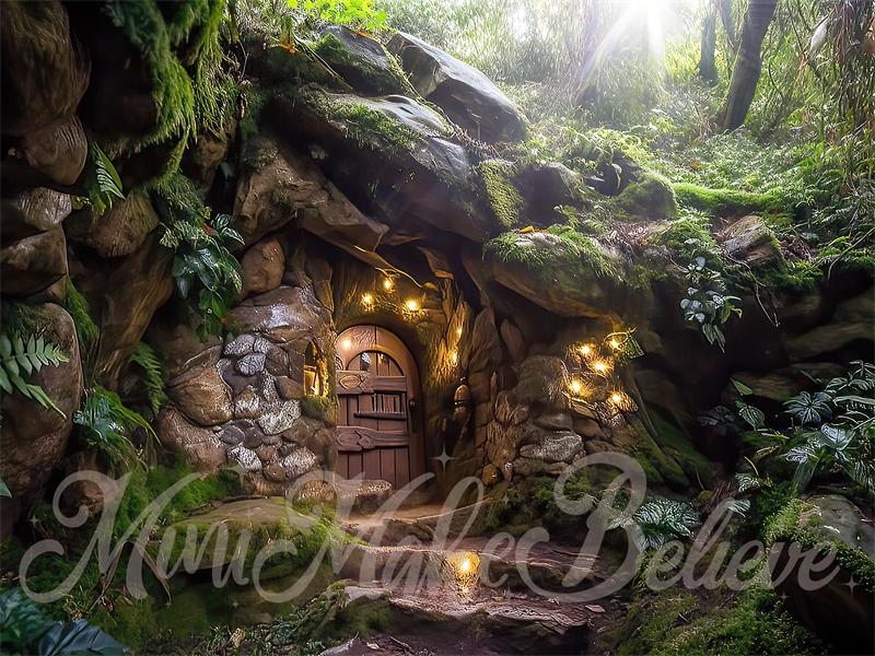 Kate Painterly Hobbit Gnome Elf Fairy Home on Rocks in Forest Backdrop Designed by Mini MakeBelieve
