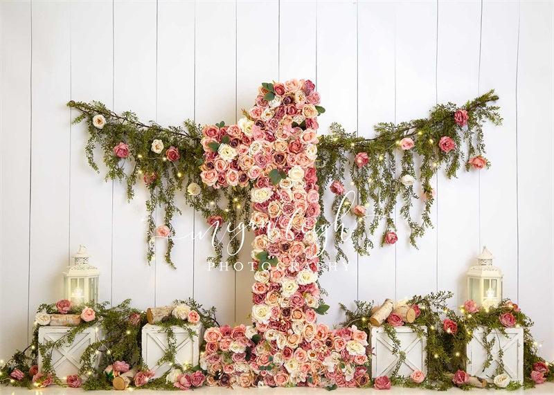 Kate One Floral Garden Spring Cake Smash Printed Backdrop Designed by Megan Leigh Photography