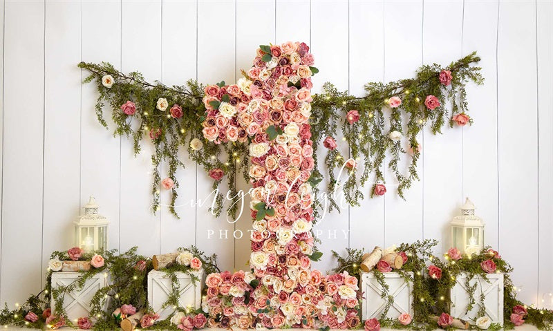 Kate One Floral Garden Spring Cake Smash Printed Backdrop Designed by Megan Leigh Photography