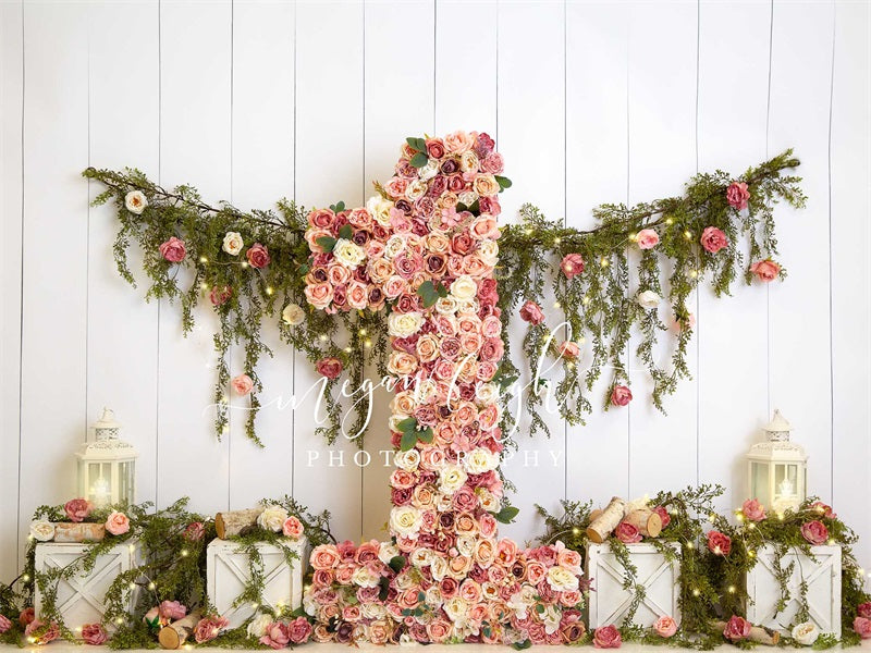 Kate One Floral Garden Spring Cake Smash Printed Backdrop Designed by Megan Leigh Photography