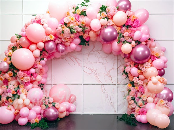 Kate Painterly Art Fun Flowers Balloon Arch Pink Interior Marble Cake Smash  Birthday Backdrop for Photography
