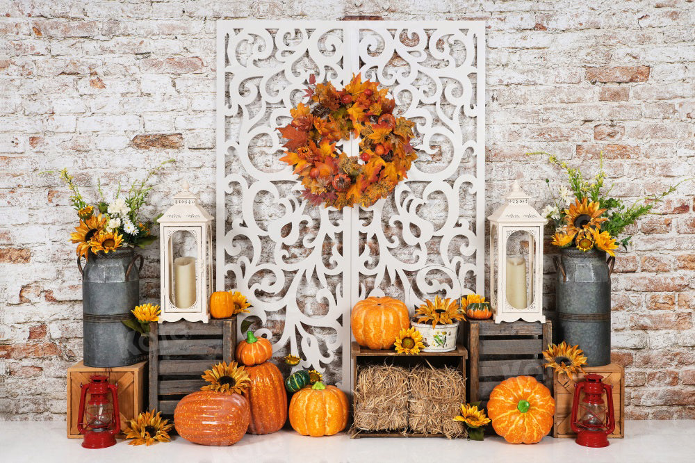 Kate Autumn Pumpkin Brick Wall Retro Backdrop for Photography