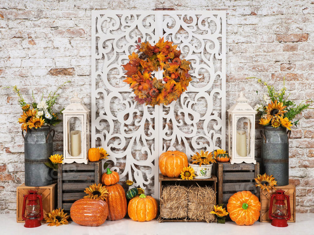 Kate Autumn Pumpkin Brick Wall Retro Backdrop for Photography