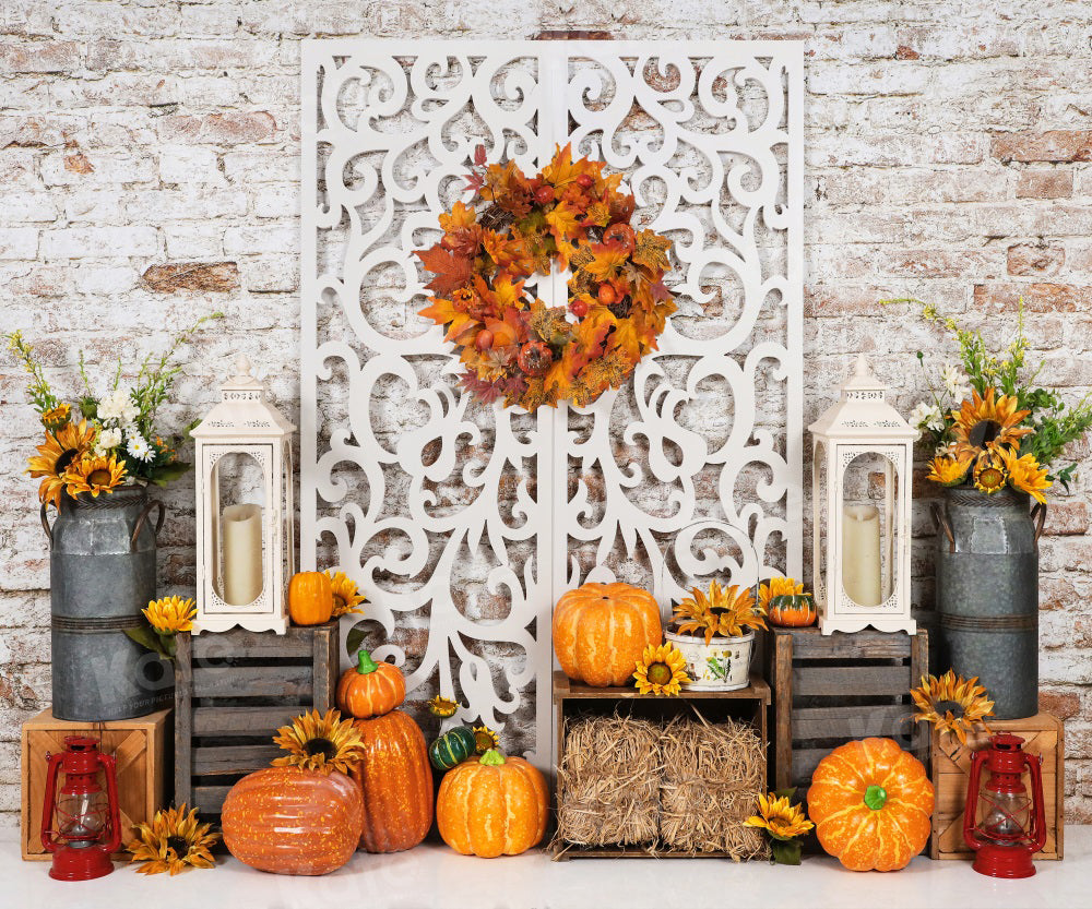 Kate Autumn Pumpkin Brick Wall Retro Backdrop for Photography