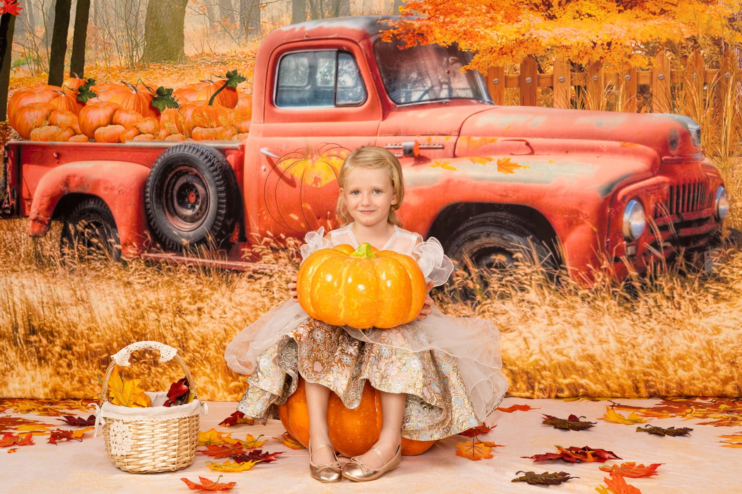 Kate Fall Pumpkin Truck Harvest Thanksgiving Backdrop for Photography - Kate Backdrop