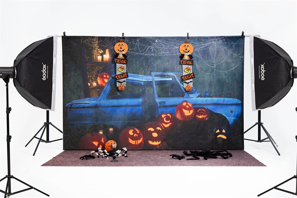 Kate Halloween Pumpkin Car Backdrop Fall Night for Photography - Kate Backdrop