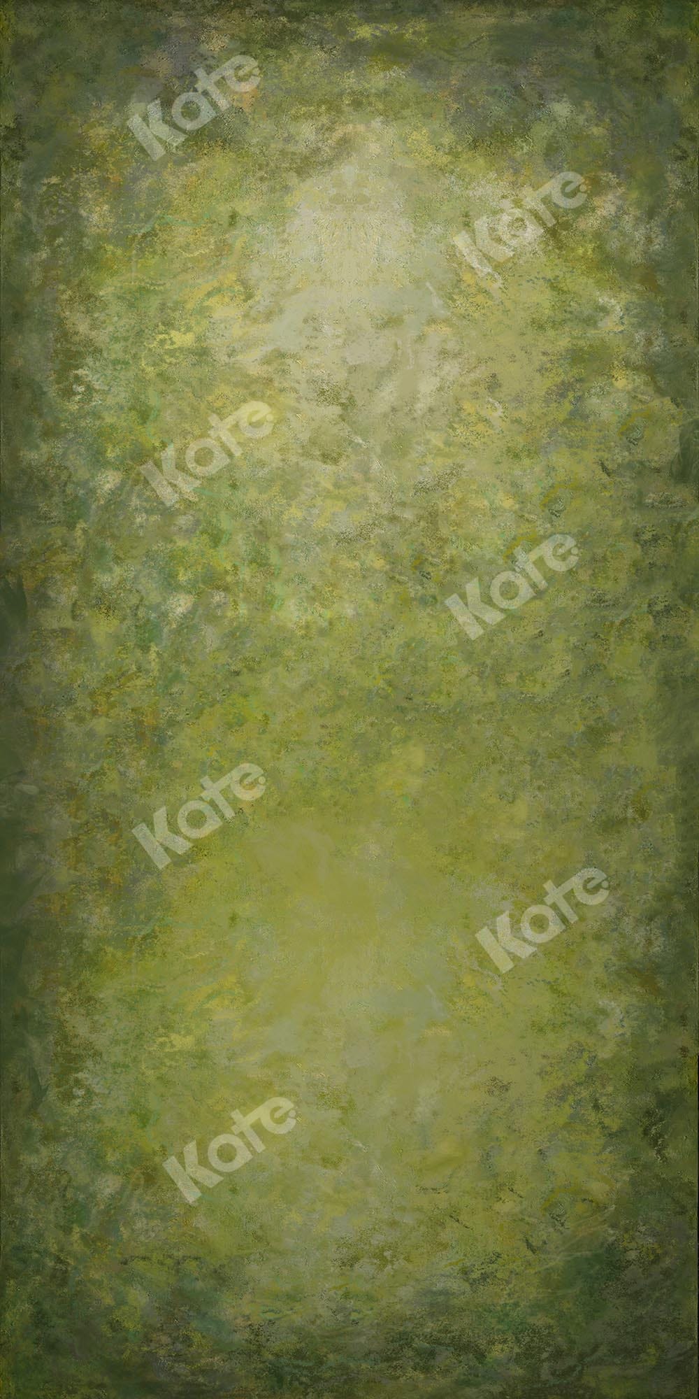 An abstract vertical background with a textured blend of green and yellow hues marked with repeated watermark text "Kate," crafted on warp-knitted short-pile fabric, is the Kate Sweep Green Abstract Backdrop for Photography.