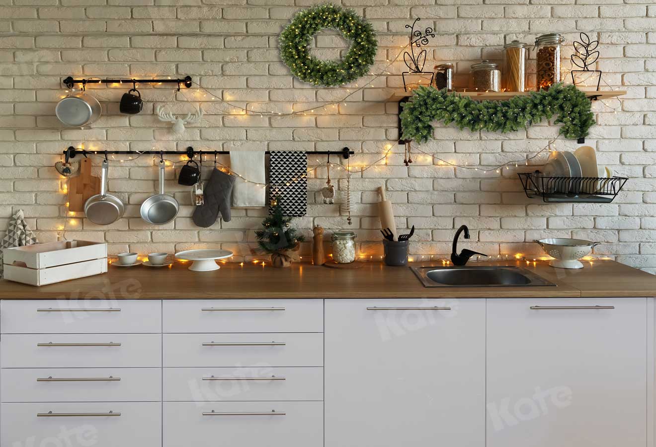 Kate White Brick Wall Christmas Kitchen Backdrop Designed By Jerry_Sina - Kate Backdrop