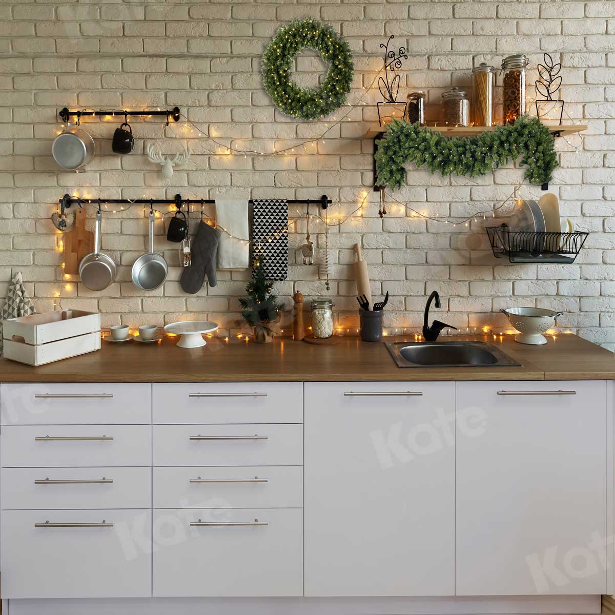 Kate White Brick Wall Christmas Kitchen  Backdrop Designed By Jerry_Sina
