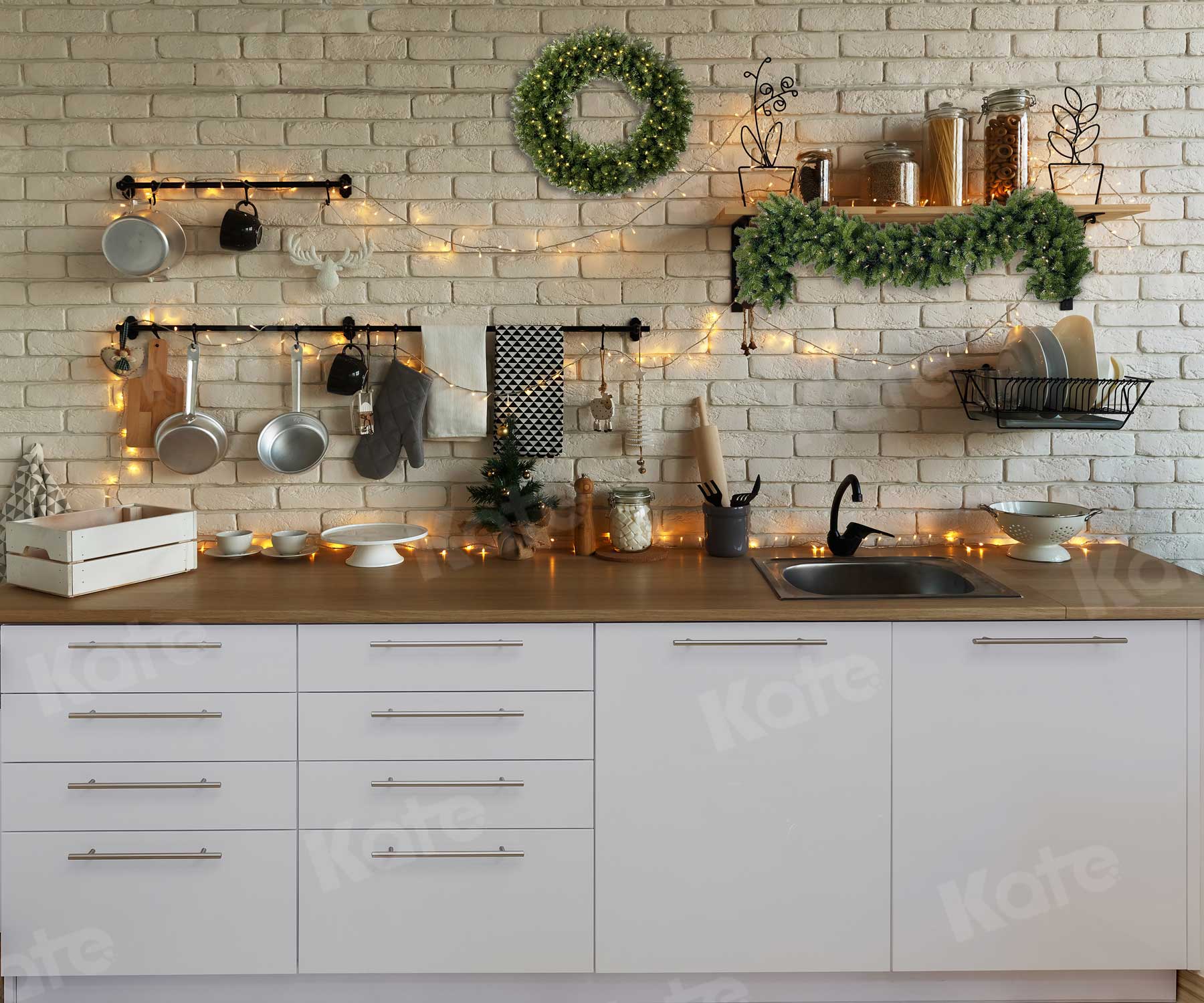 Kate White Brick Wall Christmas Kitchen  Backdrop Designed By Jerry_Sina - Kate Backdrop