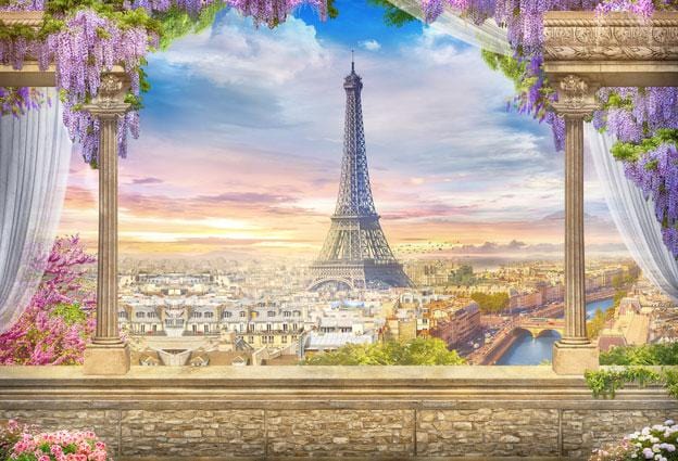 Kate Colored Flower Flowers Backdrop Eiffel Tower Paris City - Kate Backdrop