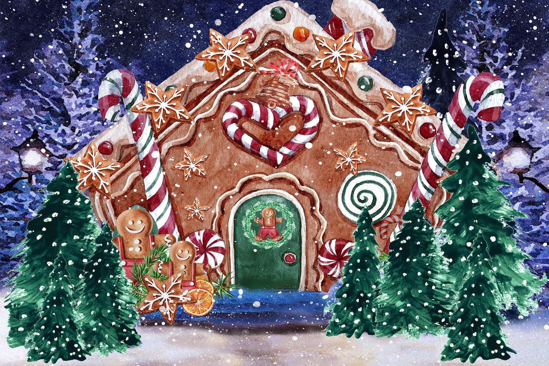 Kate Christmas Hot Cocoa Backdrop Outside Gingerbread House Designed by GQ - Kate Backdrop