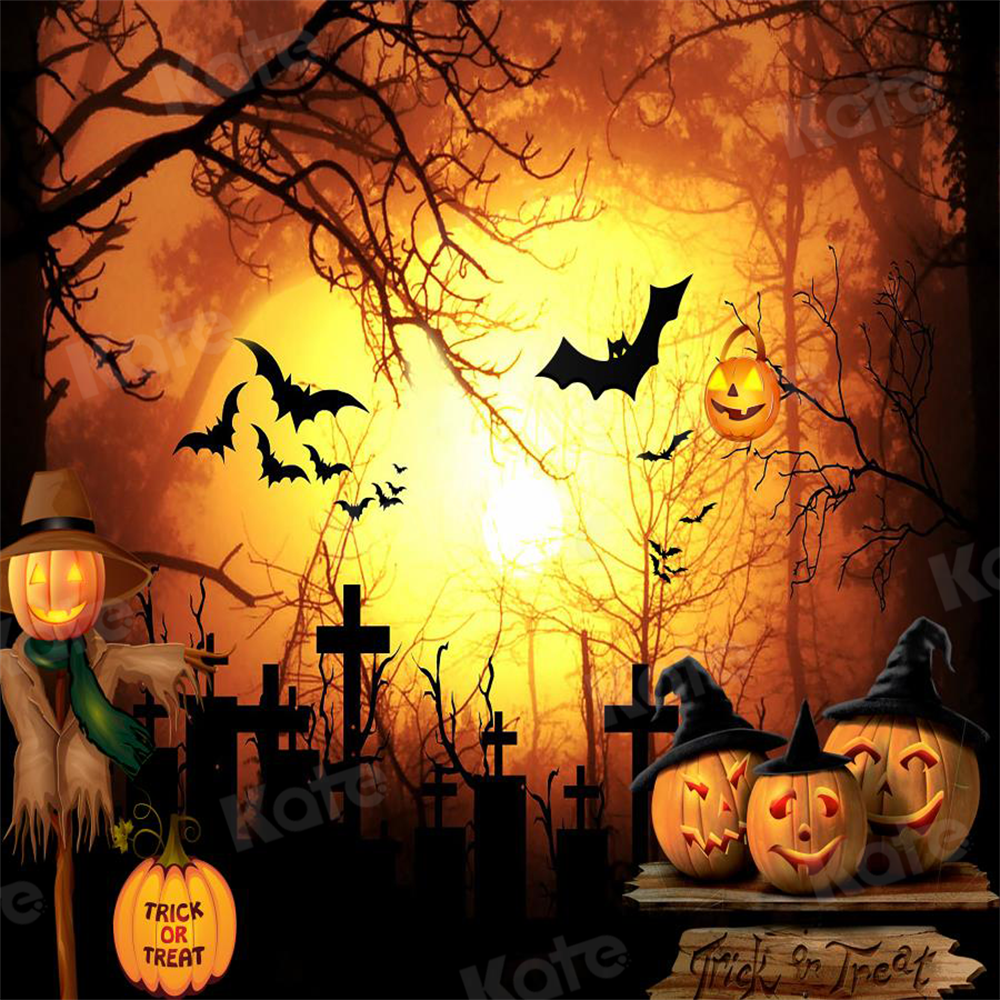 Kate Halloween Cemetery Bats Pumpkin Backdrop Designed by Chain Photography - Kate Backdrop