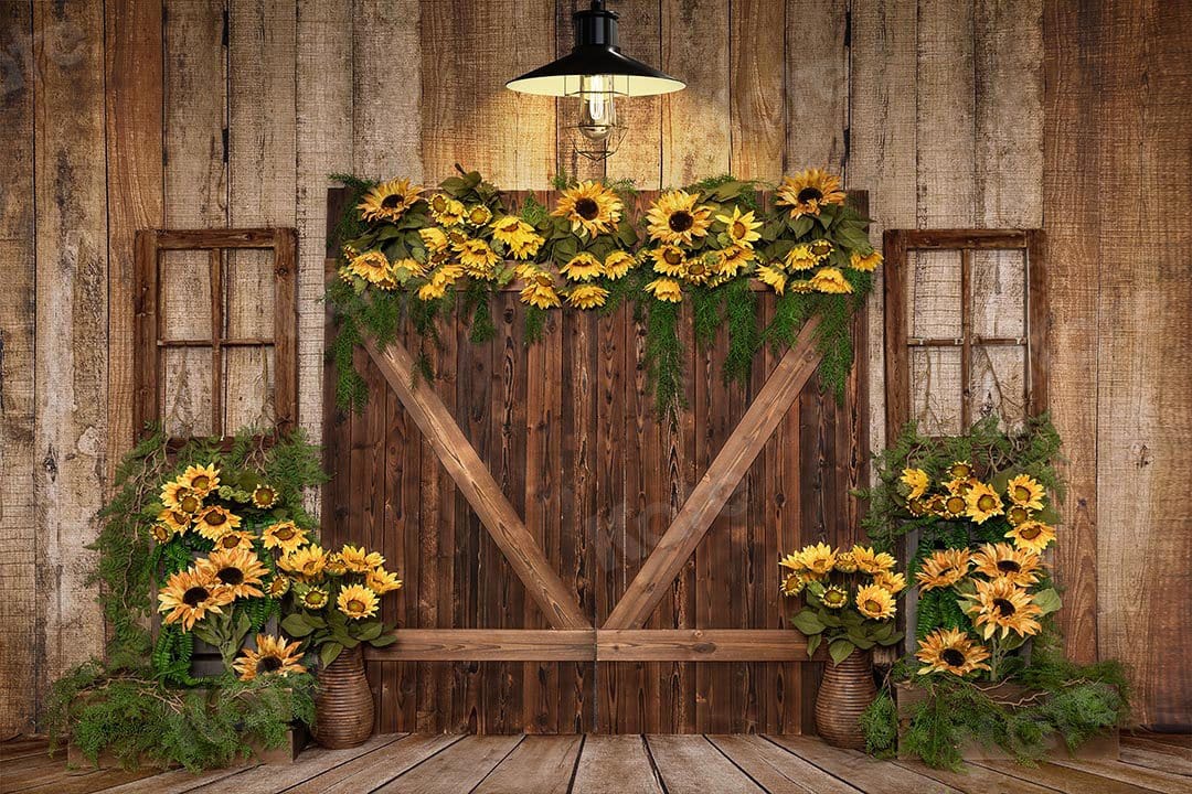 Kate Pet Summer Sunflowers Wood Door Backdrop Designed by Emetselch - Kate Backdrop