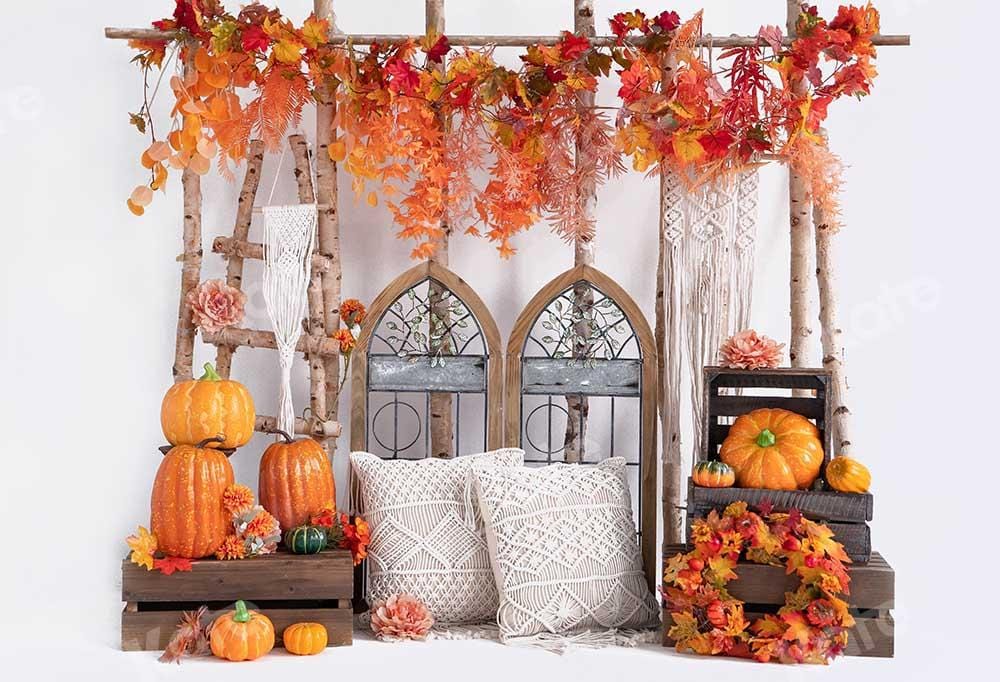 Kate Boho Autumn Pumpkin Maple Leaf Cake Smash Backdrop Designed by Emetselch - Kate Backdrop