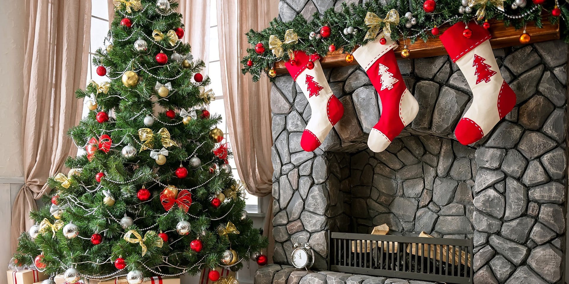 Kate Christmas Tree Backdrop Gift Box Stove Sock for Photography - Katebackdrop