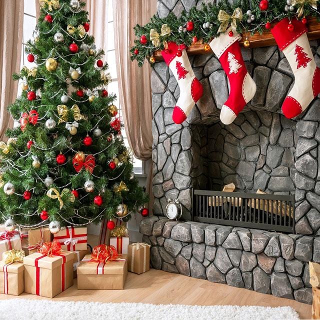 Kate Christmas Tree Backdrop Gift Box Stove Sock for Photography - Katebackdrop