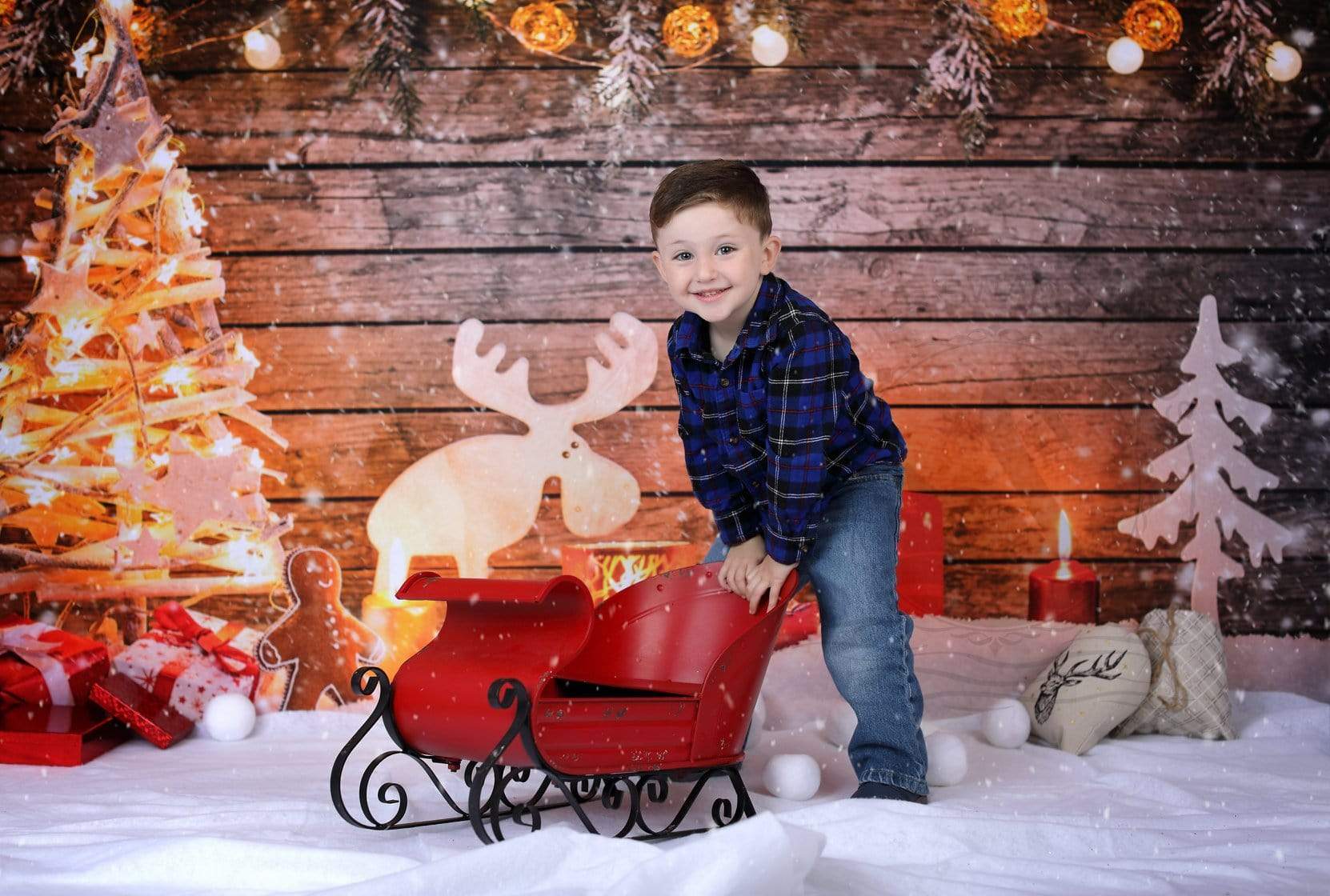 Kate Christmas Photo Backdrop Snow Wooden Light Wall - Katebackdrop