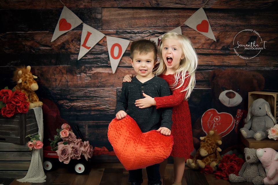 Katebackdrop鎷㈡綖Kate Be my Valentine Wooden Wall And Teddy Bear Love Banner Backdrop