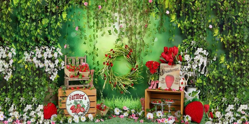 Kate Summer Strawberry and White Flower Green Leaves With Banners Backdrop - Kate Backdrop