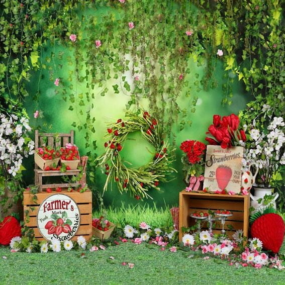 Kate Summer Strawberry and White Flower Green Leaves With Banners Backdrop - Kate Backdrop