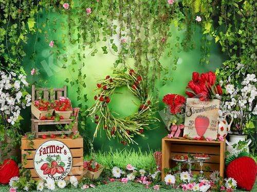 Katebackdrop鎷㈡綖Kate Summer Strawberry and White Flower Green Leaves With Banners Birthday Backdrop