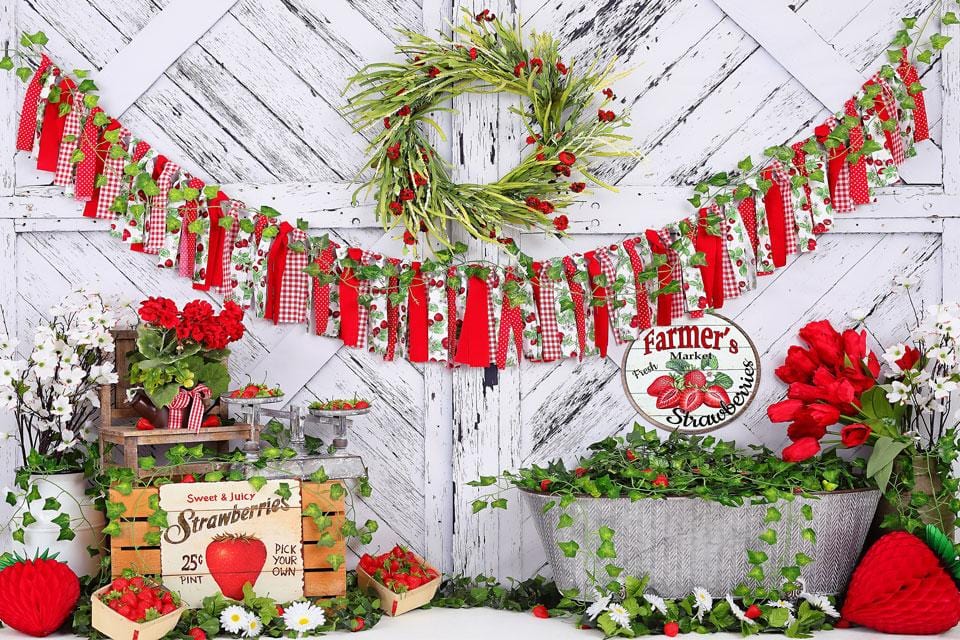 Kate Summer Strawberry White Wooden Board With Banners Backdrop - Kate Backdrop