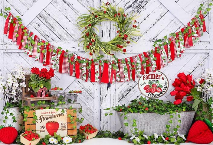 Kate Summer Strawberry White Wooden Board With Banners Backdrop - Kate Backdrop