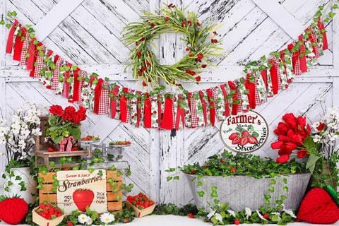 Kate Summer Strawberry White Wooden Board With Banners Backdrop - Kate Backdrop