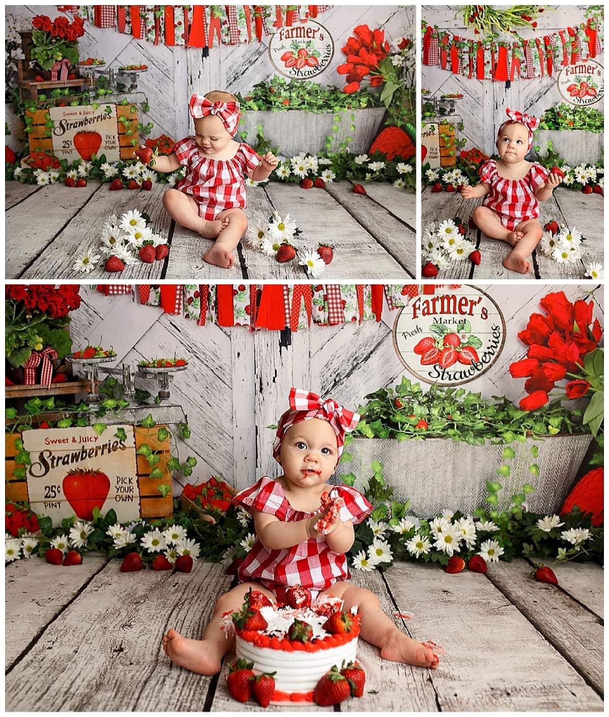 Kate Summer Strawberry White Wooden Board With Banners Backdrop - Kate Backdrop