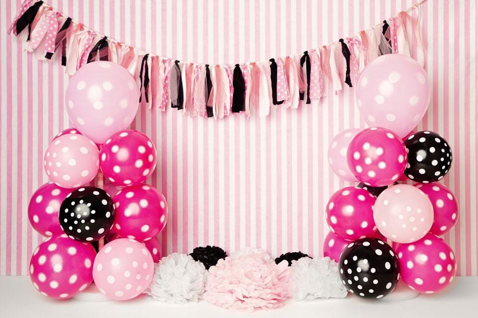 Kate Black Pink Balloons with Strips for Children Backdrop for Photography Designed by Kerry Anderson - Kate Backdrop