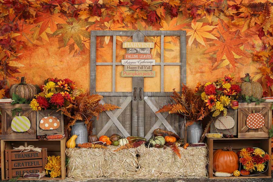 Kate Autumn Leaves with Pumpkins Thanksgiving Backdrop - Kate Backdrop