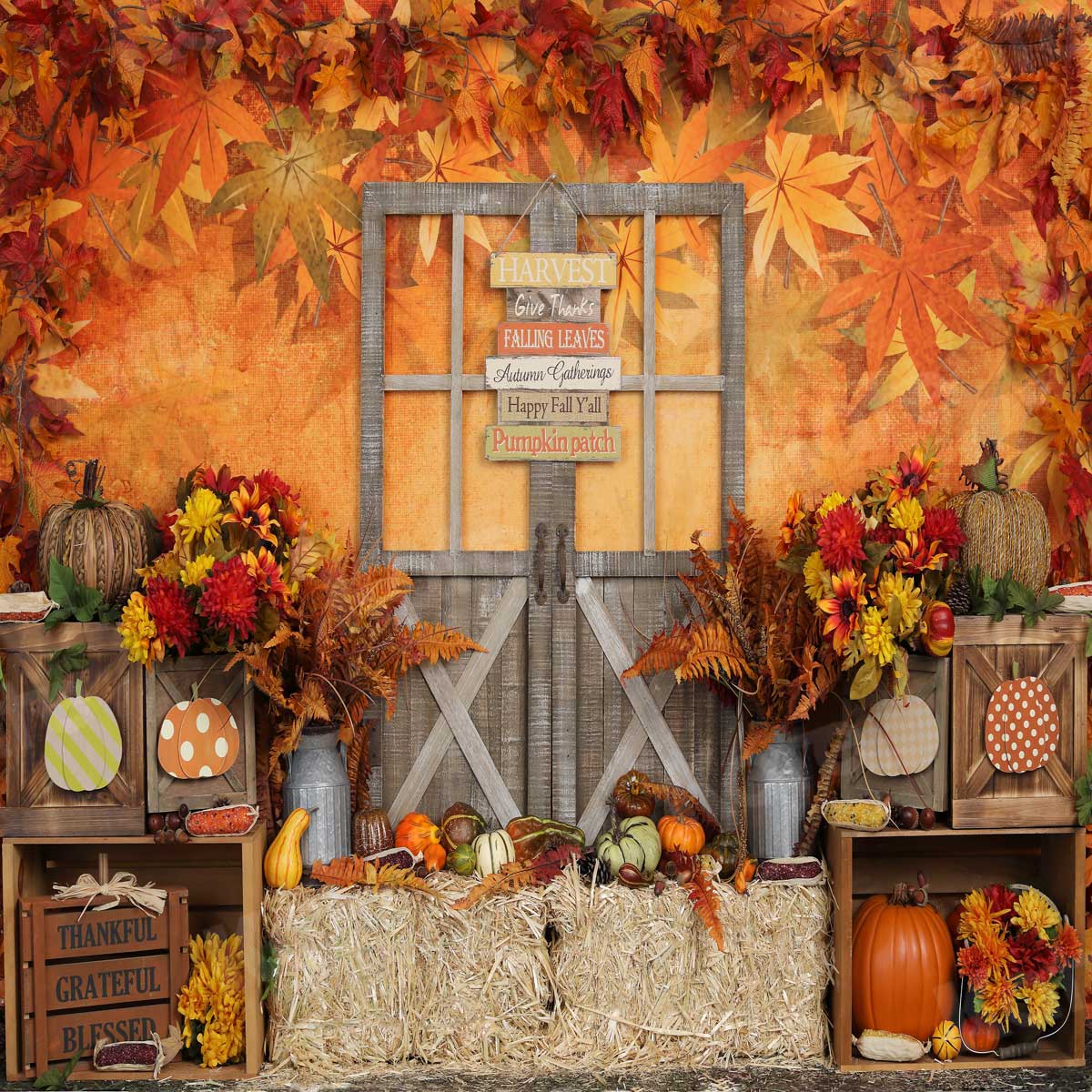 Kate Autumn Leaves with Pumpkins Thanksgiving Backdrop - Kate Backdrop
