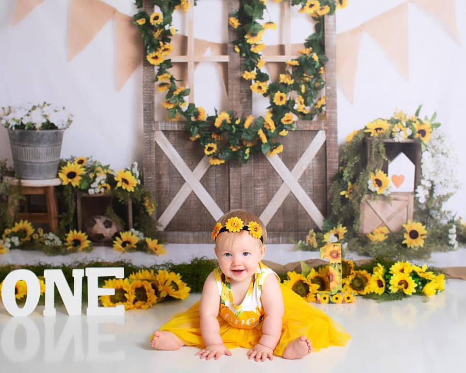 Kate Spring Sunflower Barn Door Decoration Backdrop Designed by Megan Leigh Photography - Kate Backdrop