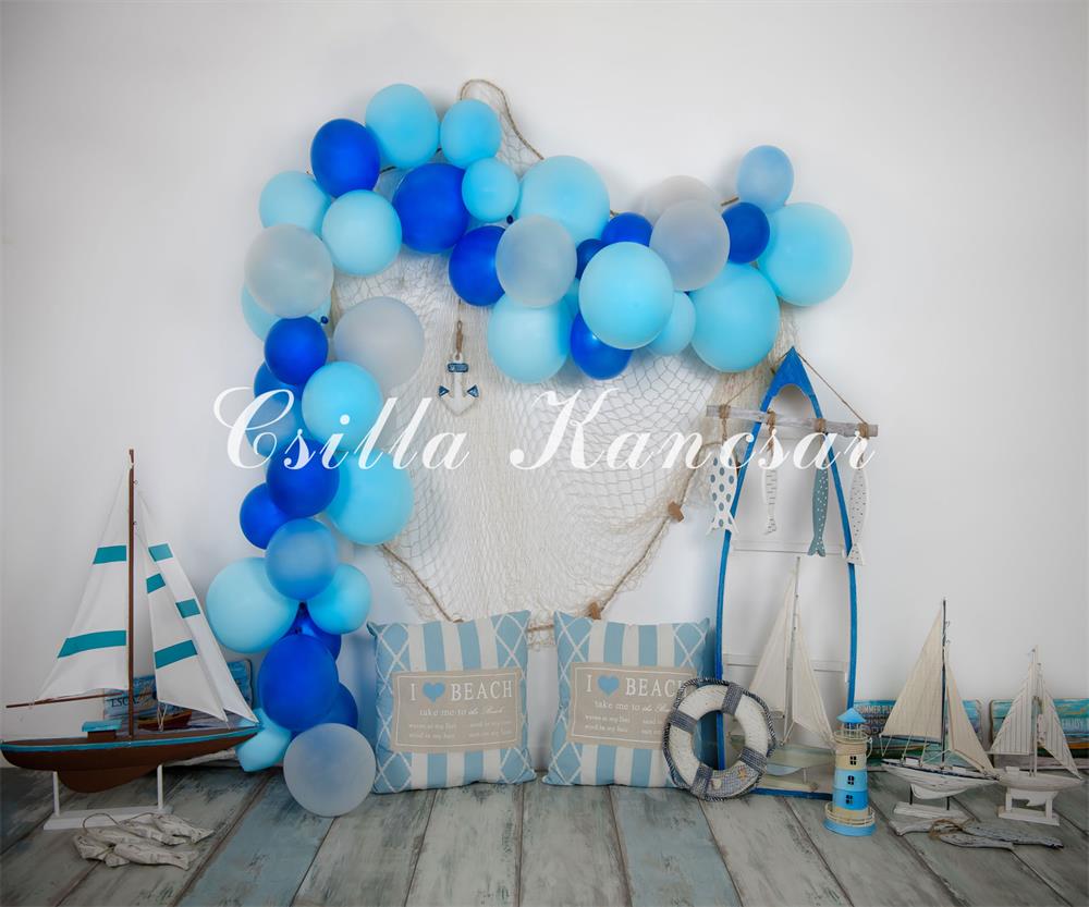 Kate Sailor Backdrop Blue Balloons Sailboat Designed by Csilla Kancsar - Kate Backdrop