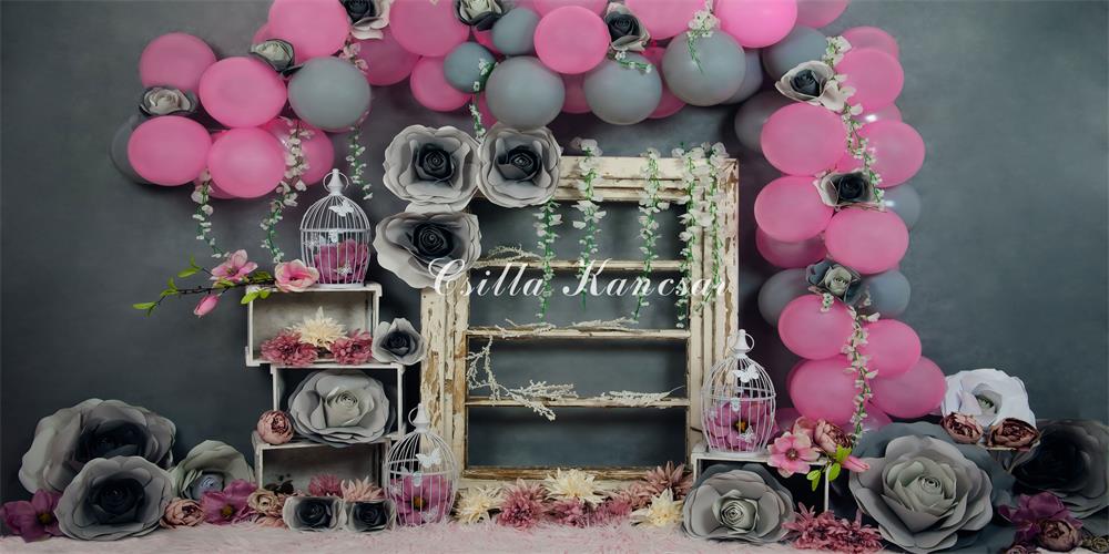 Kate Cake Smash Backdrop Gray&Pink Balloons Designed by Csilla Kancsar - Kate Backdrop