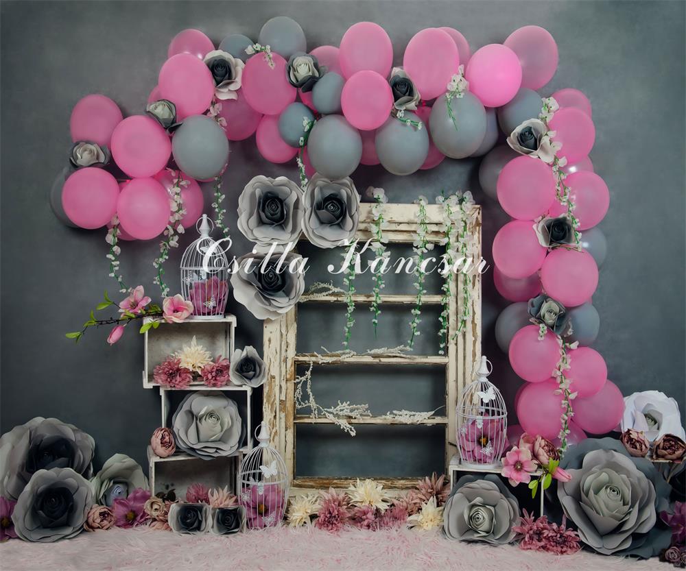 Kate Cake Smash Backdrop Gray&Pink Balloons Designed by Csilla Kancsar - Kate Backdrop