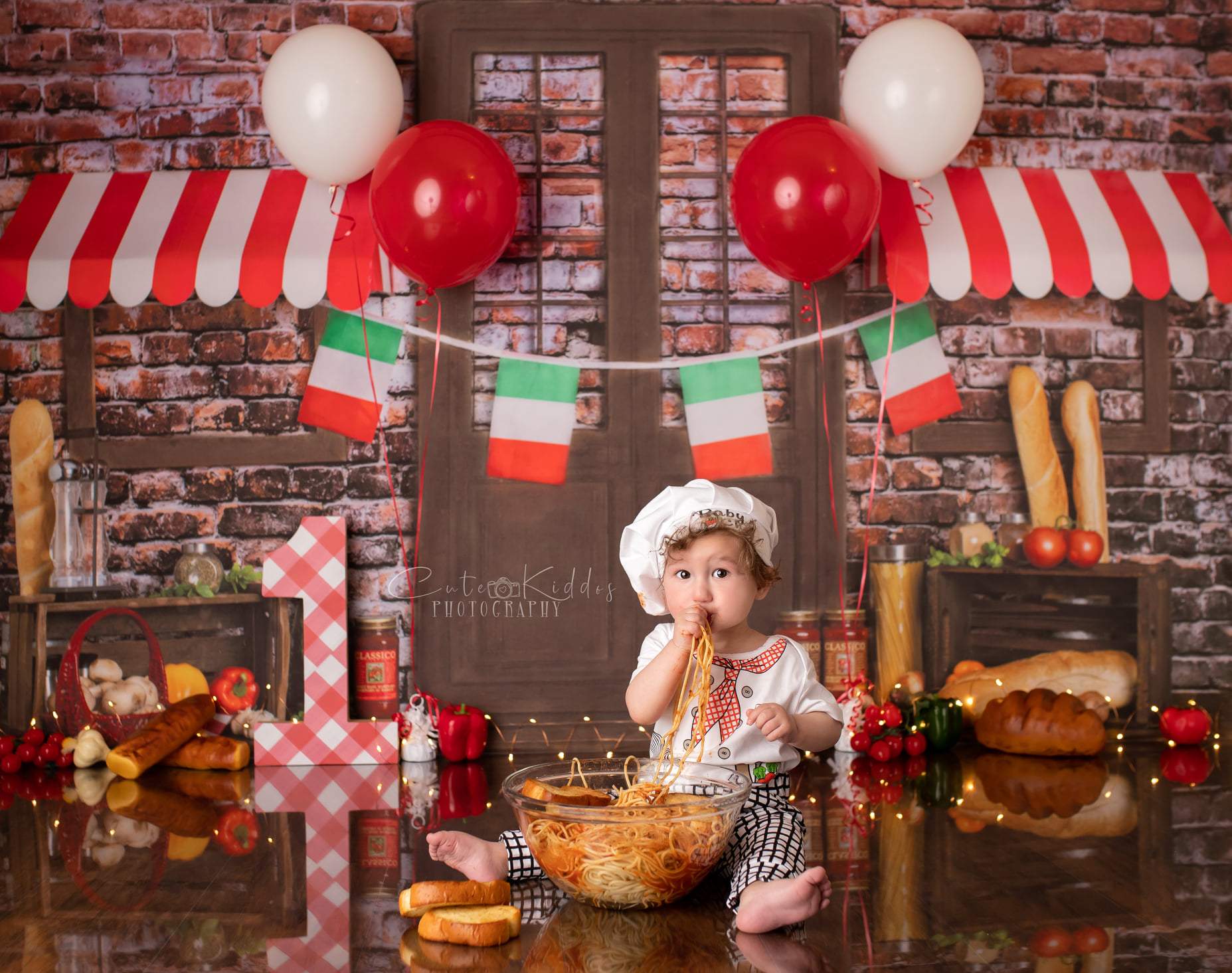 Kate Spaghetti Smash/Cake Smash Brick Kitchen Bread Backdrop Designed By Rose Abbas