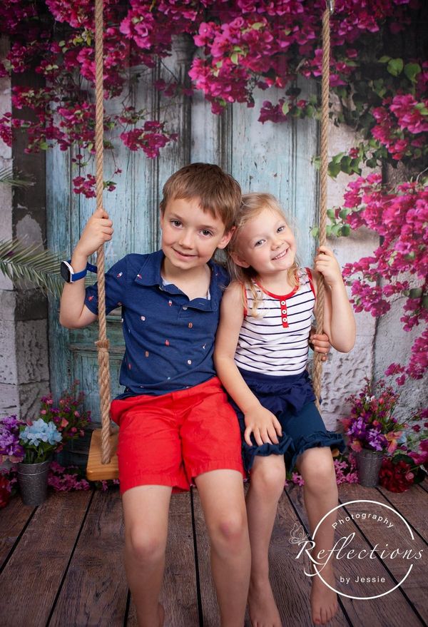 Kate Blue Door Red Florals Scenery Concrete Backdrops - Katebackdrop