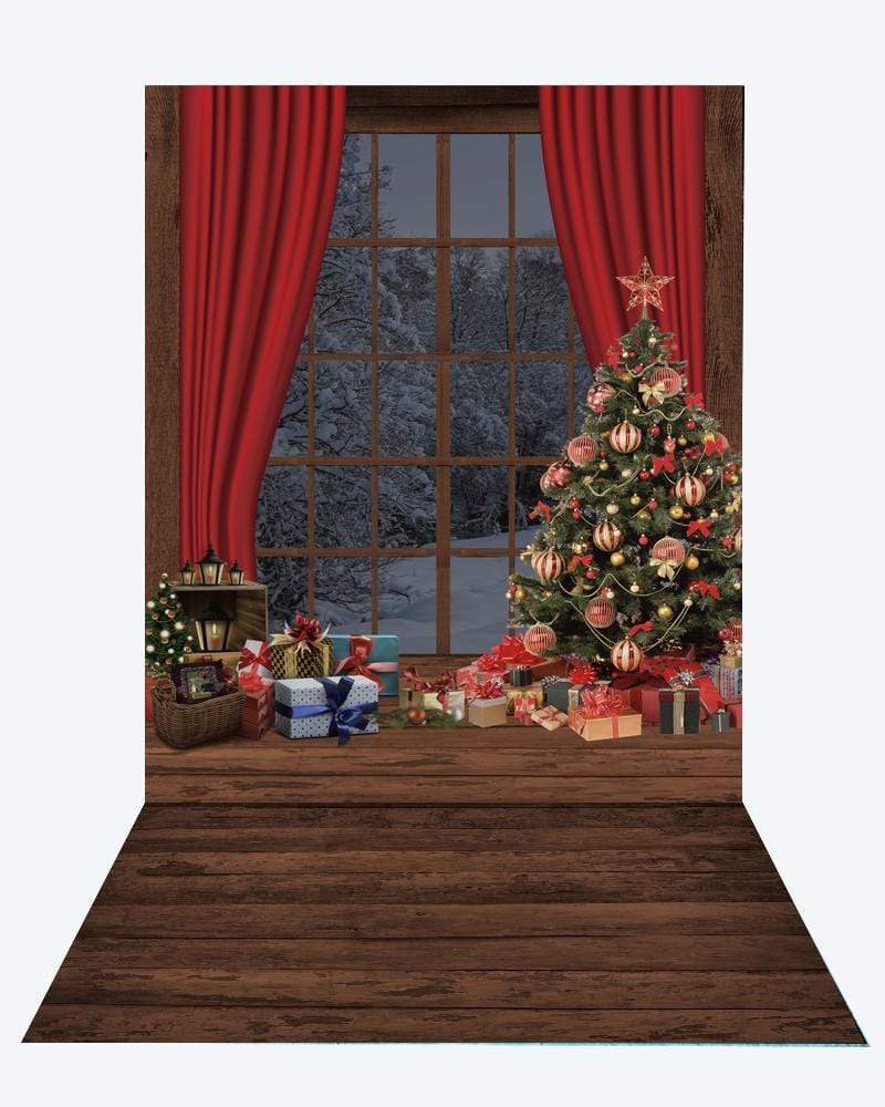 Kate Christmas Window Tree Photography +Brown wood floor mat