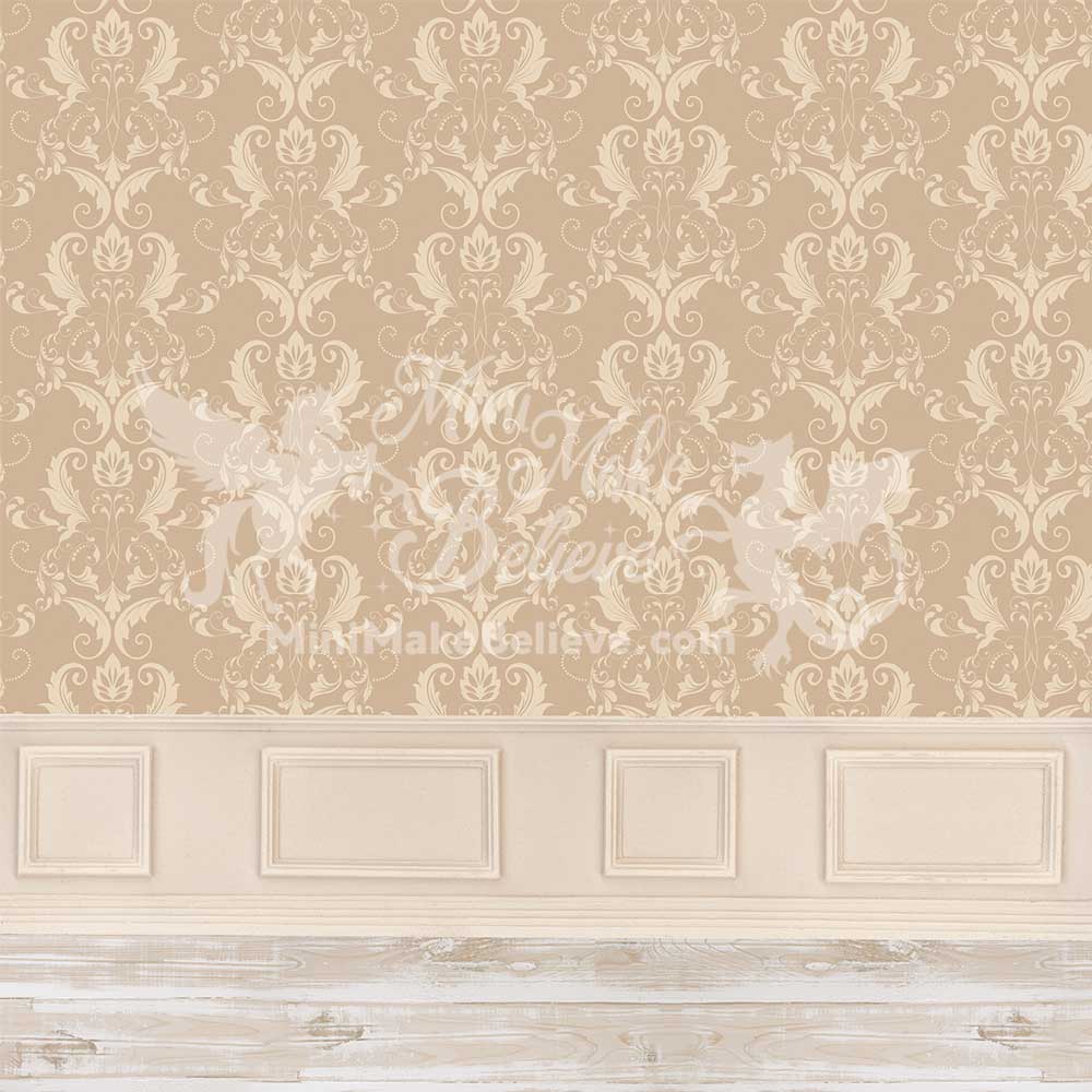 Kate Tan Beige Classical Damask Backdrop Ornate Wall with Wainscot Wedding Designed by Mini MakeBelieve