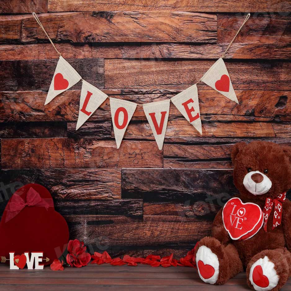 Kate Be my Valentine Wooden Wall And Teddy Bear Love Banner Backdrop - Kate Backdrop