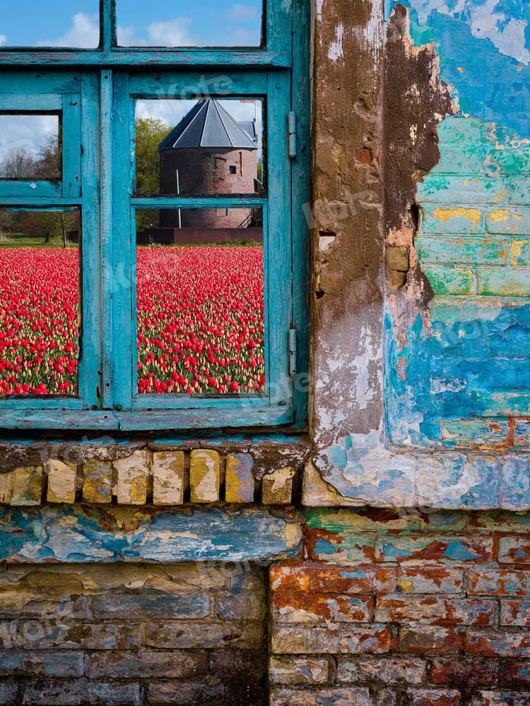 Sfondo giardino a finestra blu per fotografia