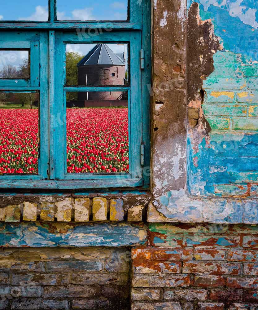 Sfondo giardino a finestra blu per fotografia