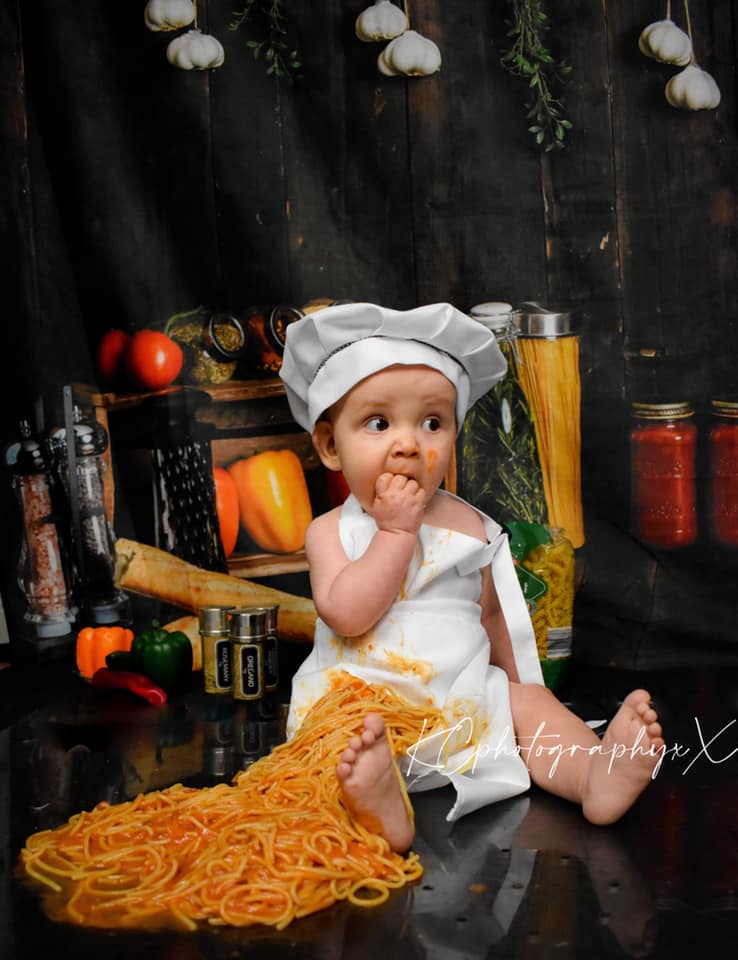 Kate Cake Smash Wood Kitchen Backdrop+Baby Outfit Chef Hat Apron