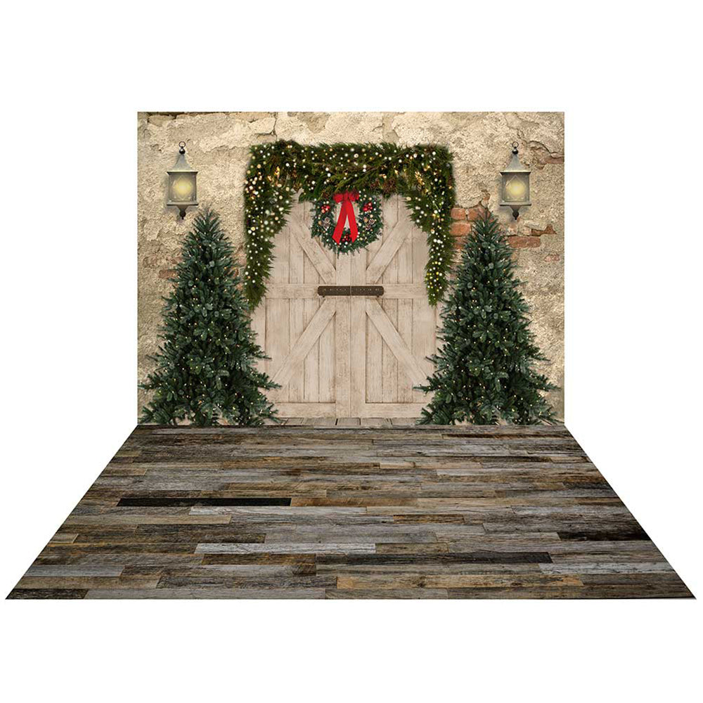 Kate Christmas Brick Wall Door Backdrop+Vintage Dark Wood Rubber Floor Mat