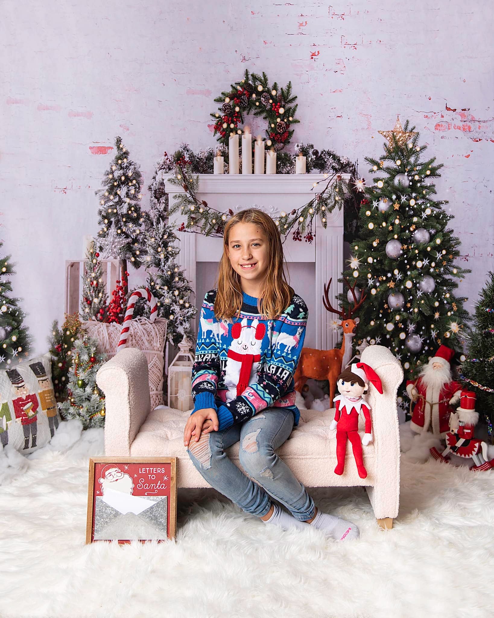 Kate Christmas Tree Elk Brick Fireplace Backdrop Designed by Emetselch - Kate Backdrop