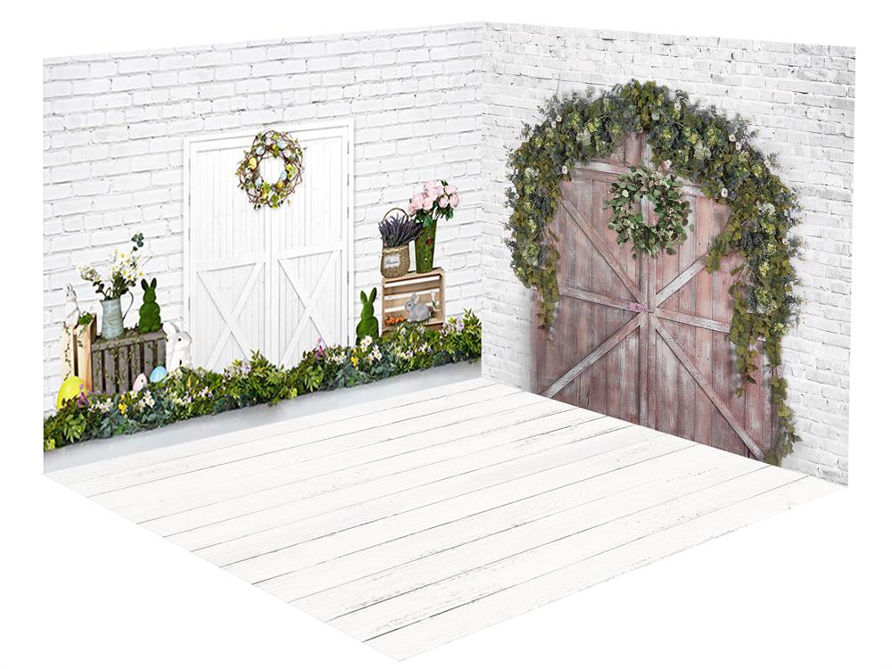 Kate Easter White Brick Wall Wooden Door Green Plants Room Set(8ftx8ft&10ftx8ft&8ftx10ft)