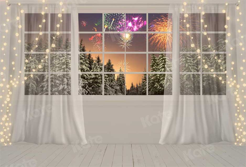 Kate New Year Fireworks Window Snowy Forest Curtain Backdrop